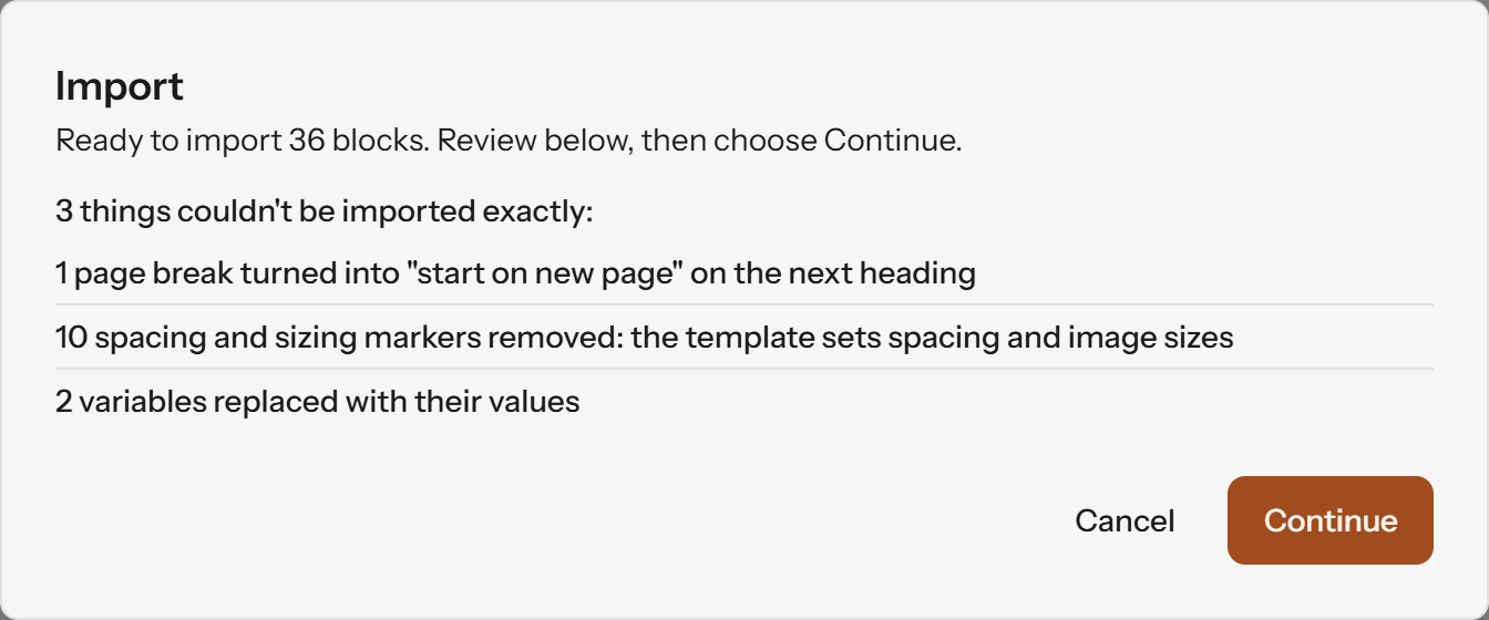 RuleBindery's Import dialog: ready to import 36 blocks, with three notes. 1 page break turned into "start on new page" on the next heading. 10 spacing and sizing markers removed: the template sets spacing and image sizes. 2 variables replaced with their values.
