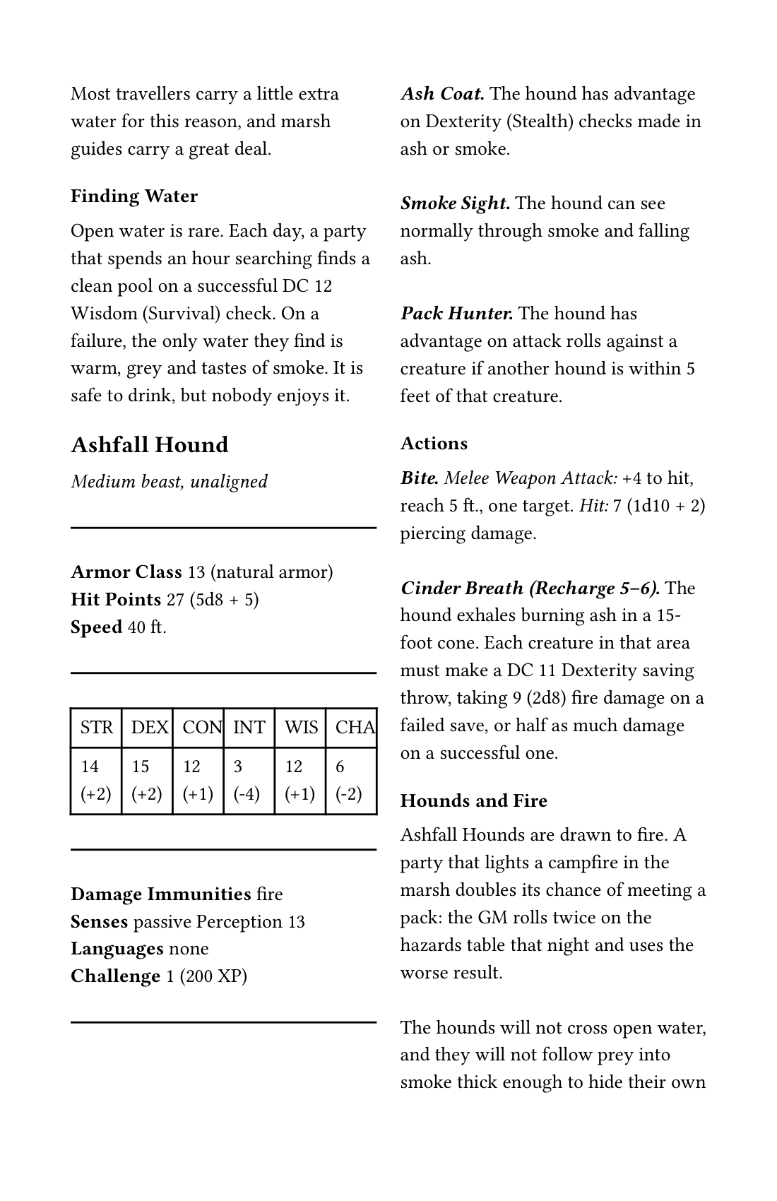 Page 2 of RuleBindery's screen PDF of the imported brew. The Ashfall Hound's stat lines (Armor Class 13, Hit Points 27, Speed 40 ft.), ability table, traits and both actions are complete, and the following section continues in the second column.