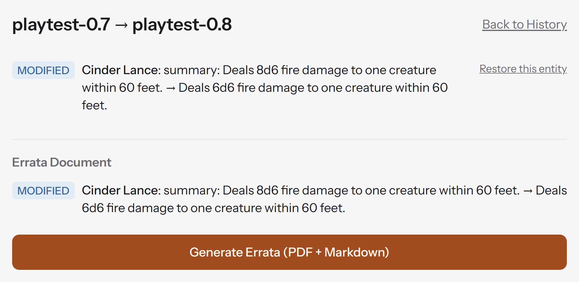 RuleBindery comparing two snapshots named playtest-0.7 and playtest-0.8. It lists one modified entry: Cinder Lance's summary changing from 8d6 to 6d6 fire damage, with a button to generate errata.