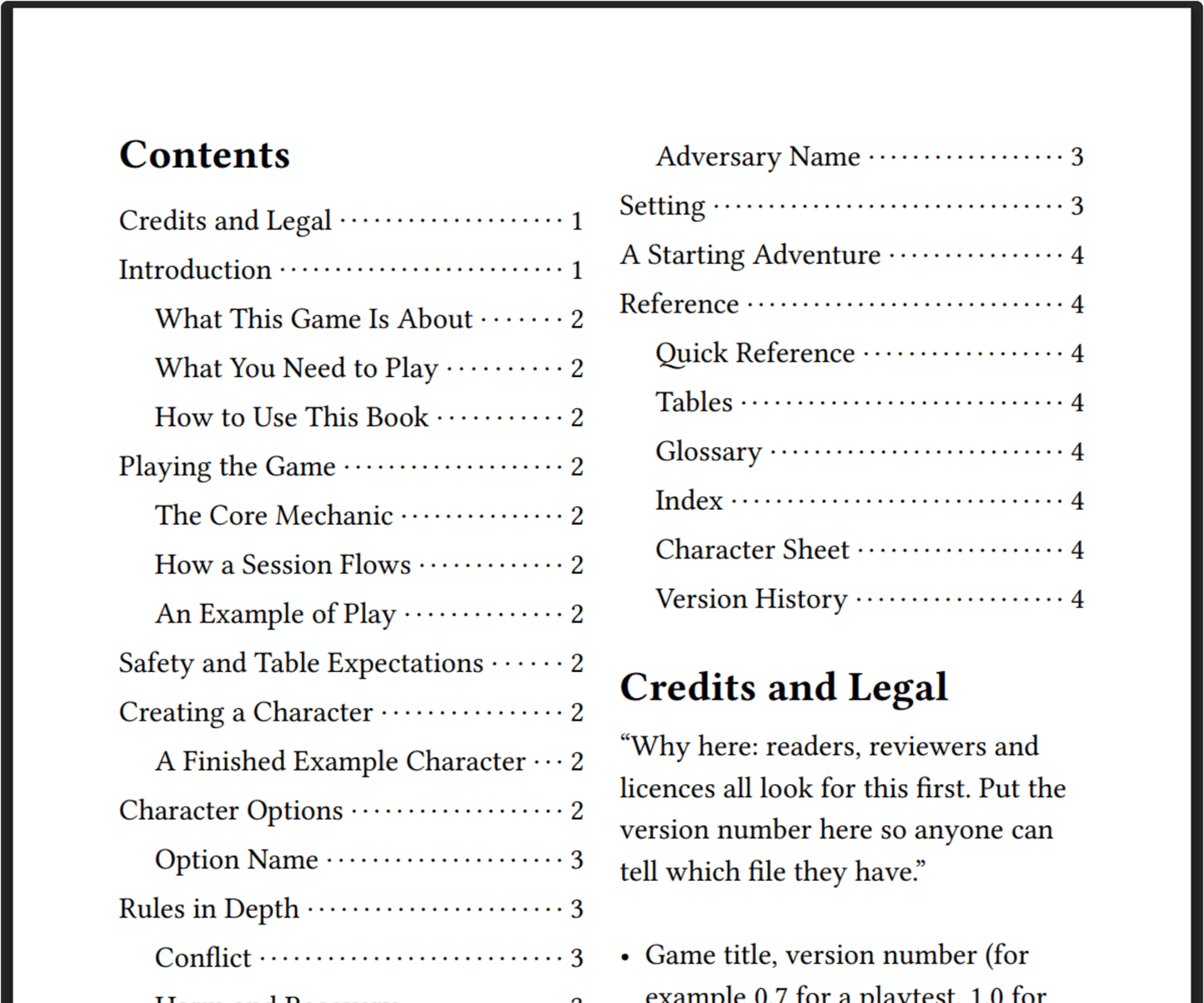 A preview page headed "Contents", listing the template's chapters and sections with dotted leaders and page numbers, from Credits and Legal on page 1 to Version History on page 4.