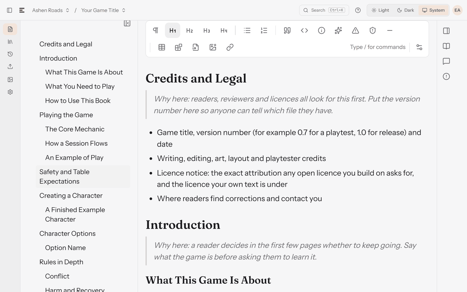 The RuleBindery editor after the import. On the left, an outline lists Credits and Legal, Introduction and its three sections, Playing the Game and its three sections, Safety and Table Expectations, Creating a Character, Character Options and Rules in Depth. On the right, the Credits and Legal chapter with its "Why here" note and four bullet points.