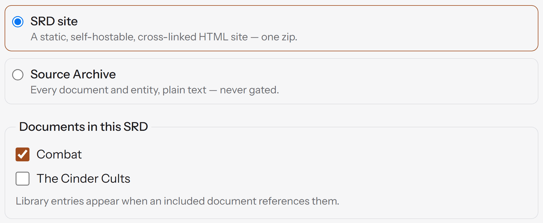 The SRD site option on RuleBindery's Export screen, with a "Documents in this SRD" list below it: Combat is ticked, The Cinder Cults is not. A note says library entries appear when an included document references them.