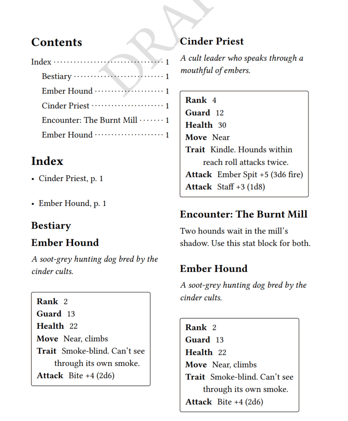 A draft PDF page with two columns. Both copies of the Ember Hound stat block show Health 22, and the contents and index list Ember Hound rather than Ash Hound. A Cinder Priest stat block with two Attack lines sits between them.