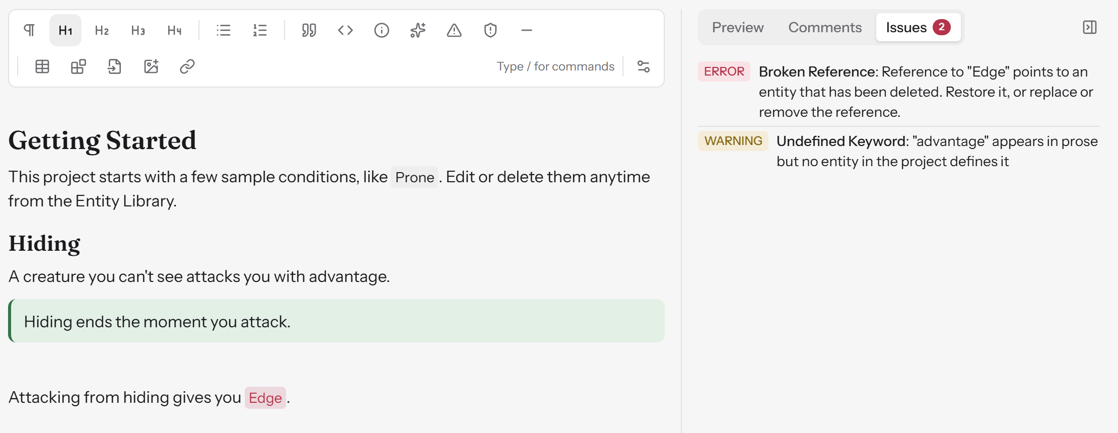 The Issues tab with an error, Broken Reference: Reference to "Edge" points to an entity that has been deleted. Restore it, or replace or remove the reference, and a warning, Undefined Keyword