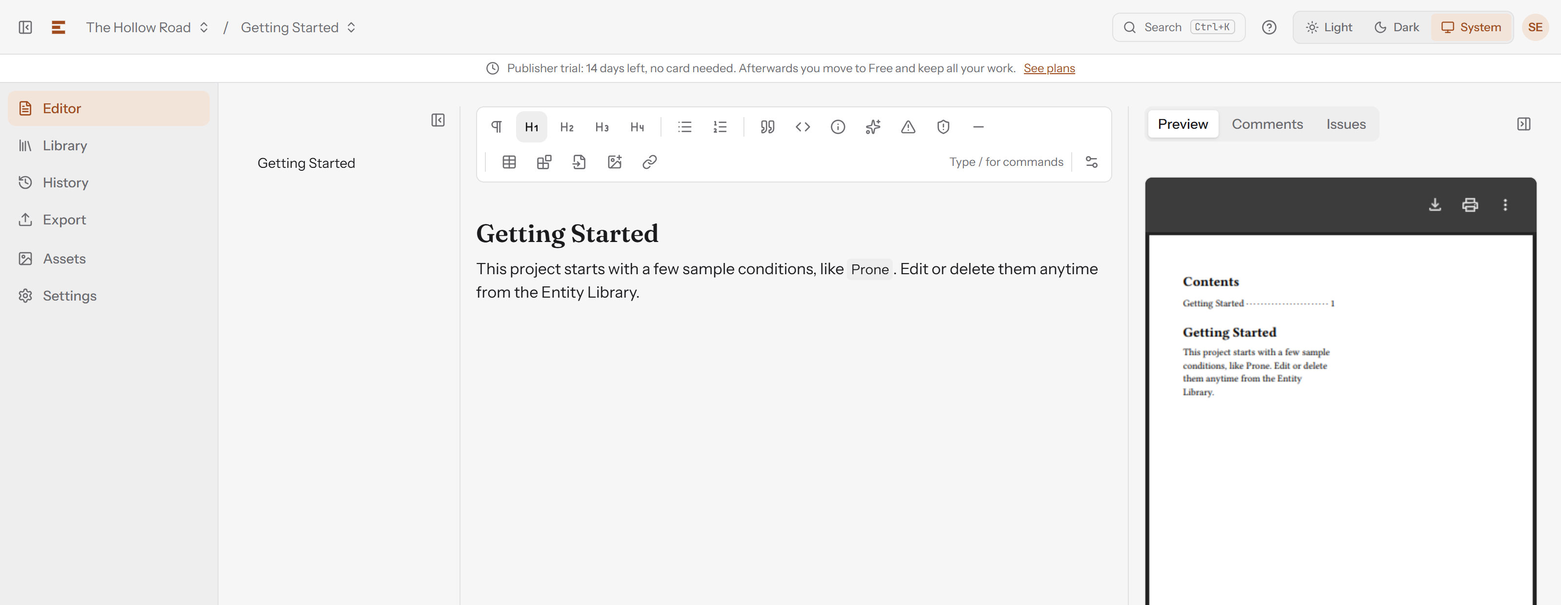 The RuleBindery editor: the left rail with Editor, Library, History, Export, Assets and Settings; the outline; the writing area with its toolbar; and the side panel with Preview, Comments and Issues tabs