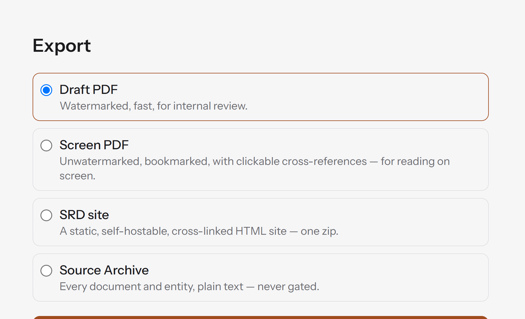 The Export page with four options: Draft PDF, Screen PDF, SRD site and Source Archive