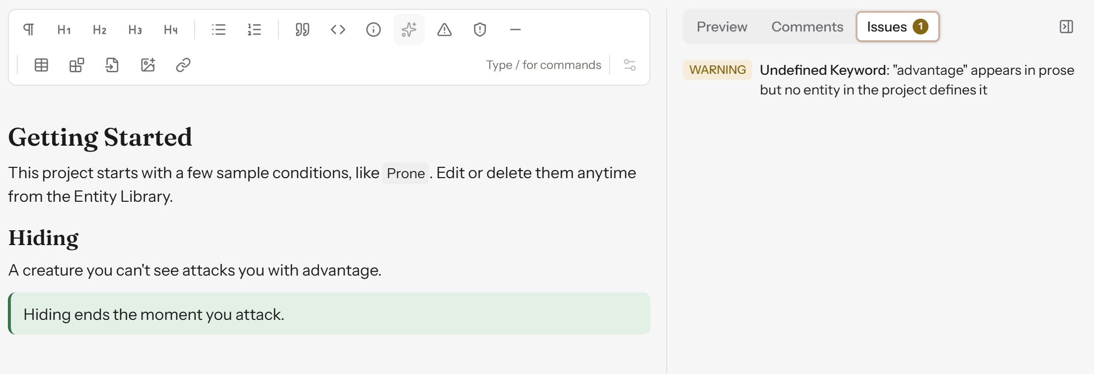 The Issues tab showing one warning: Undefined Keyword: "advantage" appears in prose but no entity in the project defines it