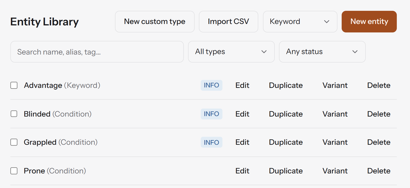 The Entity Library listing Advantage (Keyword) and the conditions Blinded, Grappled and Prone, with Edit, Duplicate, Variant and Delete on each row