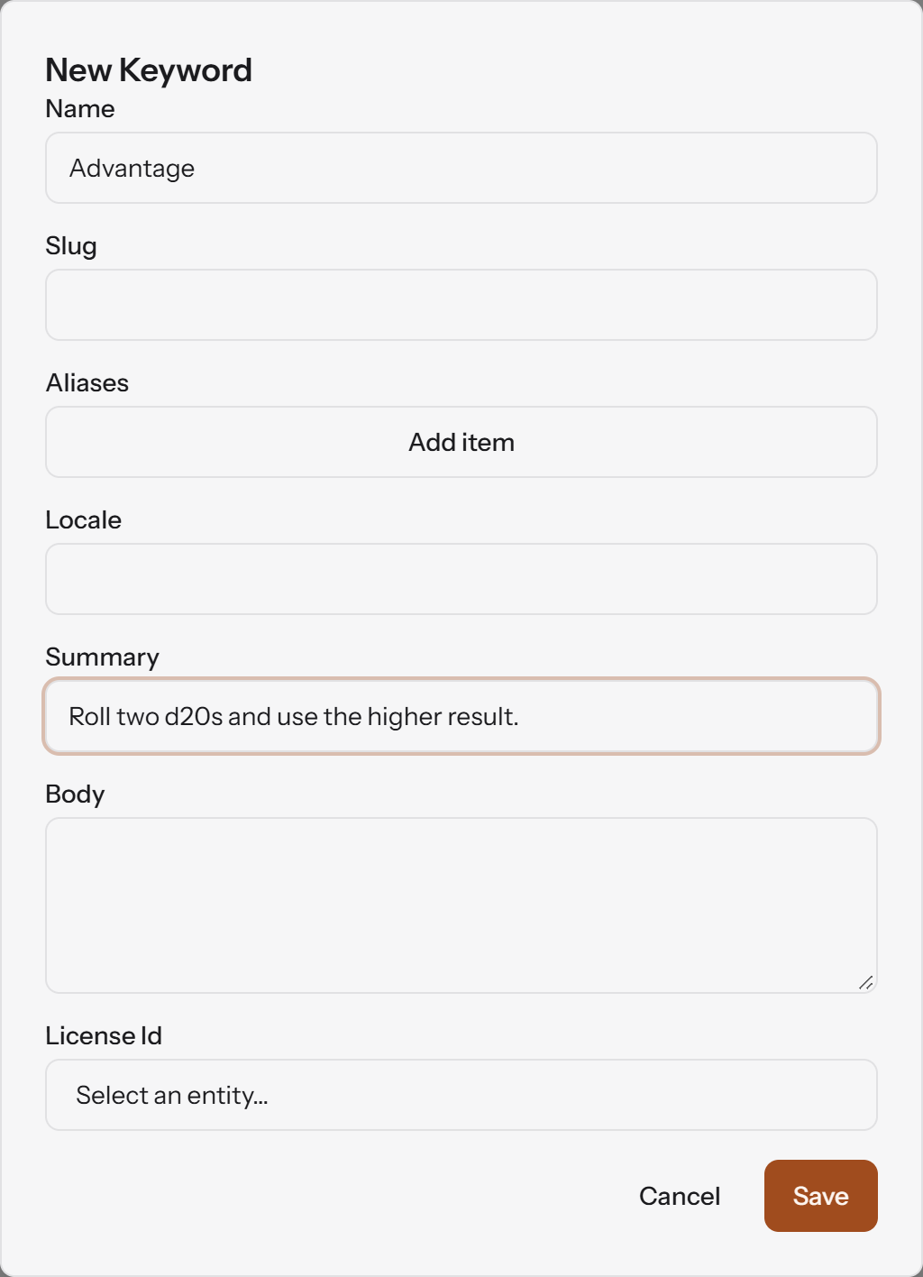 The New Keyword form with the fields Name, Slug, Aliases, Locale, Summary, Body and License Id, and Cancel and Save buttons