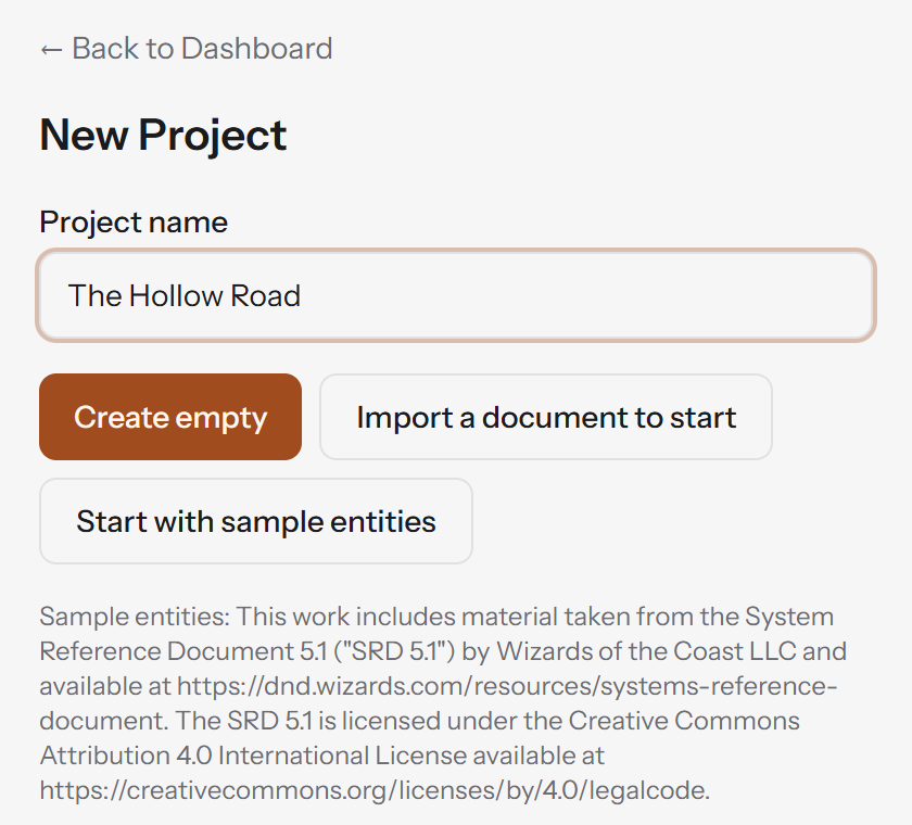 The New Project page, with a project name filled in and the buttons Create empty, Import a document to start, and Start with sample entities