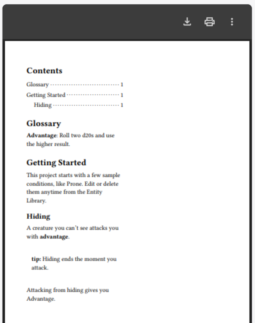 The preview shows a Contents page, a Glossary entry for Advantage with its summary, and the Hiding section with "advantage" in bold